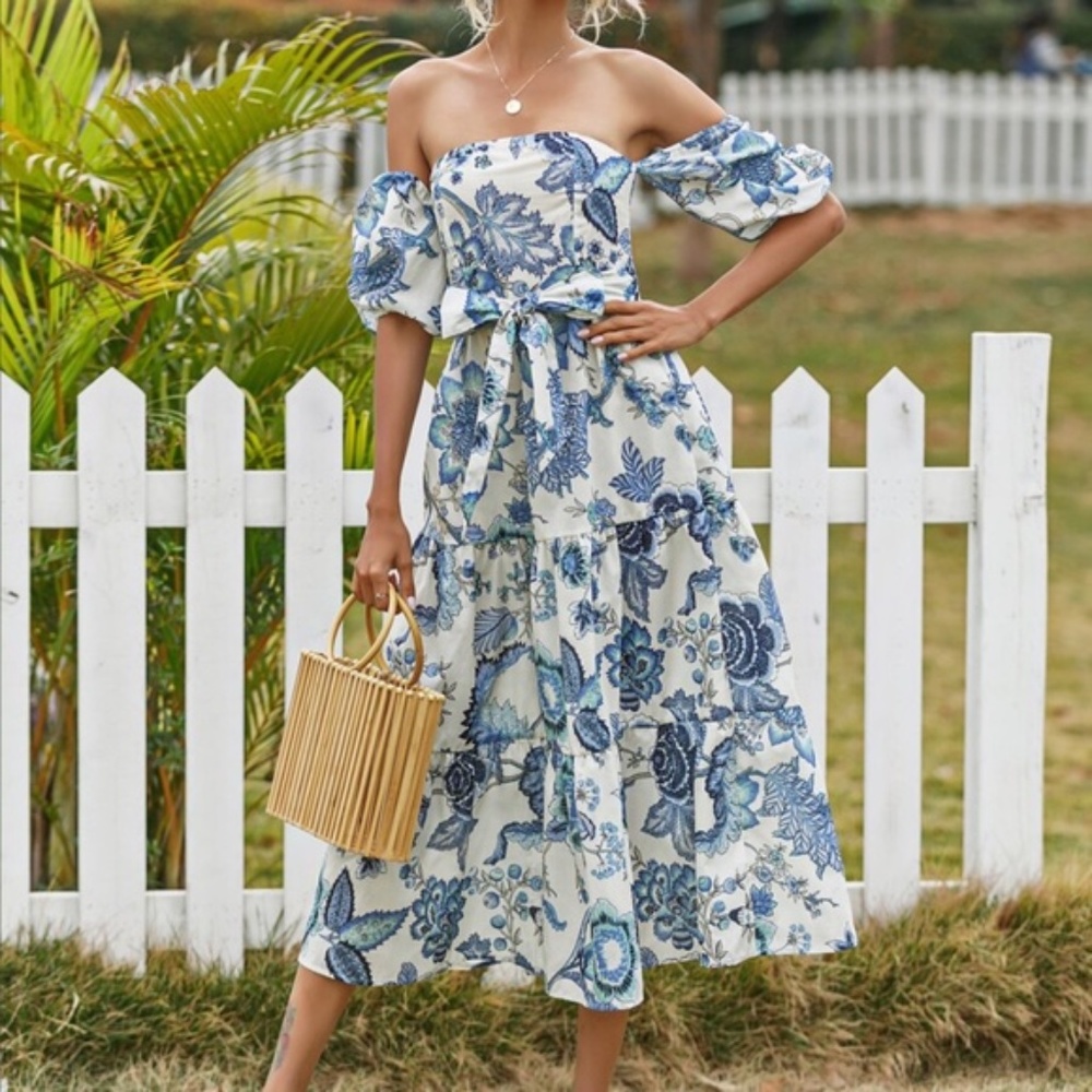 Boho floral belted ruffle hem off shoulder Dress - Picture 5 of 5